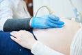 Ultrasound test. Pregnancy. Gynecologist checking fetal life with scanner. Royalty Free Stock Photo