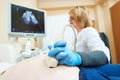 Ultrasound test. Pregnancy. Gynecologist checking fetal life with scanner.