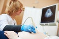 Ultrasound test. Pregnancy. Gynecologist checking fetal life with scanner. Royalty Free Stock Photo