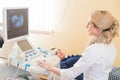 Ultrasound test. Pregnancy. Gynecologist checking fetal life with scanner. Exam. Royalty Free Stock Photo