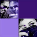 Ultraviolet composite image. Man in sunglasses, woman with camera against purple background. Composite image with black and white. Royalty Free Stock Photo