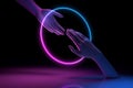 Ultraviolet 3d rendering mannequin hands interacting with neon glowing circle, abstract minimal pink blue glowing round frame