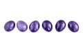 Ultraviolet Easter eggs in a row on isolated white background. Copy space.