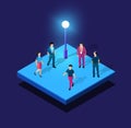 Ultraviolet neon street lamp Isometric people walking at night in the street