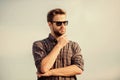 Ultraviolet protection concept. Perfect vision. See it clear. Handsome guy wear sunglasses. Hipster man in trendy Royalty Free Stock Photo