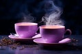 Ultraviolet purple accentuates the presence of two coffee filled cups