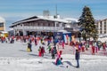 Winter ski resort,ski lift,people skiing. Uludag Mountain, Bursa, Turkey Royalty Free Stock Photo