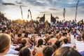 Uluwatu, Bali, Indonesia- 22 December, 2019 Golden hour sunset with traditional Kecak dance performed by local group of people