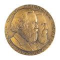 Jubilee medal large desktop medallion famous German philosopher, economist Karl Marx and Friedrich Engels close-up illustrative