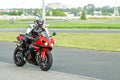 Ulyanovsk, Russia - July 13, 2019. A motorcycle racer on a motorcycle on a sports track. Motion blur. Royalty Free Stock Photo