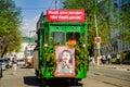 Ulyanovsk, Russia - May 09 2019: Celebrating the anniversary of victory in World War II. Musical retro tram with a