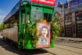 Ulyanovsk, Russia - May 09 2019: Celebrating the anniversary of victory in World War II. Musical retro tram with a