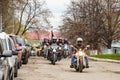 Ulyanovsk, Russia - May 03 2019: Column of motorcyclists rides along the street