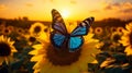 Ulysses Butterfly: A Splendid Visitor Amidst a Sunflower Wonderland