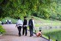 Uman, Ukraine 11.09 2018. A group of boys, Hasidic Jews, walks in Uman park, the Jewish New Year, religious Orthodox Jew