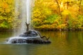 Uman, Ukraine: Fountain with snake on lake water in autumn Sofiyivsky park Royalty Free Stock Photo