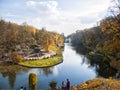 Uman, Ukraine - October 21, 2018: Landscape Park Sofiyivka. Ionian Sea Pond and the Snake Fountain