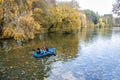 Uman, Ukraine - October 21, 2018: Landscape Park Sofiyivka. Upper Pond and the Pink Pavilion on the island of Anti-Circe