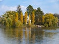 Uman, Ukraine - October 21, 2018: Landscape Park Sofiyivka. Upper Pond and the Pink Pavilion on the island of Anti-Circe