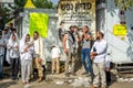 Rosh Hashanah, Jewish New Year. Mass prayer of pilgrims of Hasidim on the street. Jewish hasid blows Shofar.