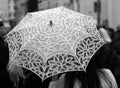 Umbrella all hand-decorated with lace doilies and two women