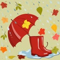 Umbrella, boots, and autumn leaves Royalty Free Stock Photo