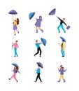 Umbrella characters. Raincoat couples walking peoples with umbrella rainy puddle garish vector flat pictures of stylized