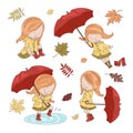 UMBRELLA COLLECTION Autumn Girl Character Vector Illustration Set