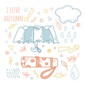 Umbrella collection with wording in hand drawn style for autumn concept in autumn colors