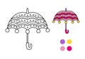 Umbrella coloring book with an example of coloring. Childish. Vector illustration