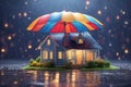 umbrella covering home under heavy rain, insurance concept Royalty Free Stock Photo