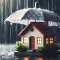 umbrella covering little home model under heavy rain. ai generative