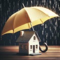 umbrella covering little home model under heavy rain. ai generative