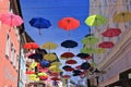 Umbrella Decorations in Old Town Street in Historic Ahrweiler, Rhineland-Palatinate, Germany Royalty Free Stock Photo