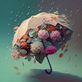 Umbrella with flowers and raindrops, creative positive thinking, self care, hope and support concept, generative AI