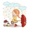 UMBRELLA GIRL Autumn Fall Nature Season Vector Illustration Set