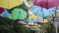 Umbrella hanging at the street decoration to attract people. Outdoor park attraction for spot photo shoot or nice background view