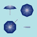 An umbrella. Open front, top, bottom, and folded.