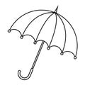 Umbrella outline illustration. Parasol contour isolated on white. Rain protection icon. Autumnal vector line art symbol. Seasonal