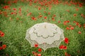 Umbrella in poppies field. Artistic interpretation.