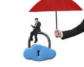 Umbrella protect businessman using tablet on cloud lock Royalty Free Stock Photo