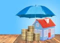 Umbrella protection House coins savings a business. Protection money insurance home concept