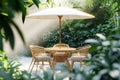 Umbrella provides shade from sun rays in garden with table