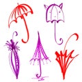 Umbrella rain bad weather lines marker funny sketch pattern watercolor multicolored set
