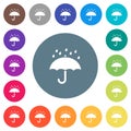 Umbrella with rain solid flat white icons on round color backgrounds Royalty Free Stock Photo