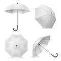Umbrella. Realistic white open parasols various positions, top and front view rain accessories template for branding
