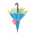 Umbrella with red ribbon garden flower springtime mood, carry parasol spring floret isolated on white, flat vector