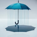 Umbrella and reflection on a flat surface with water drops falling around it Royalty Free Stock Photo