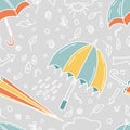 Umbrella seamless pattern in pastel color with leaves and wording