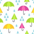 Umbrella seamless pattern. Vector background with umbrellas and rain drops. Cute seasonal illustration. Royalty Free Stock Photo